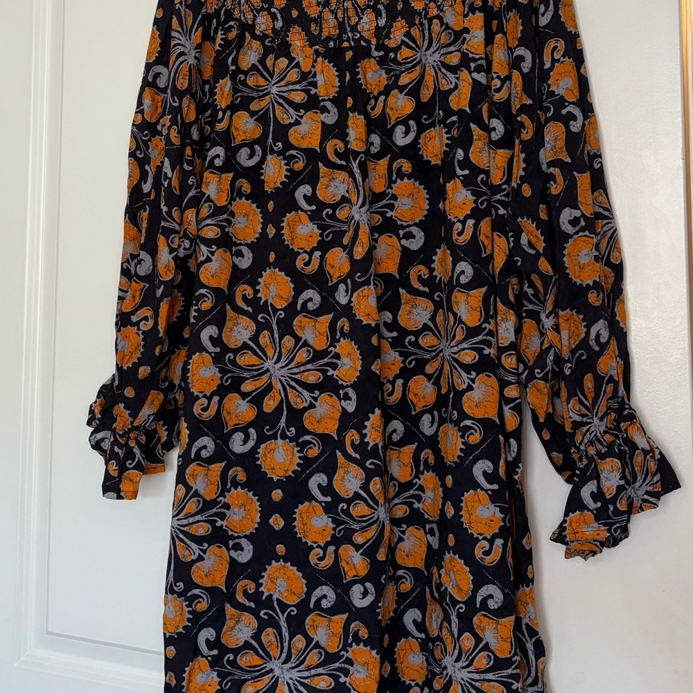 Blue and Orange Smocked Bishop Sleeve Dress